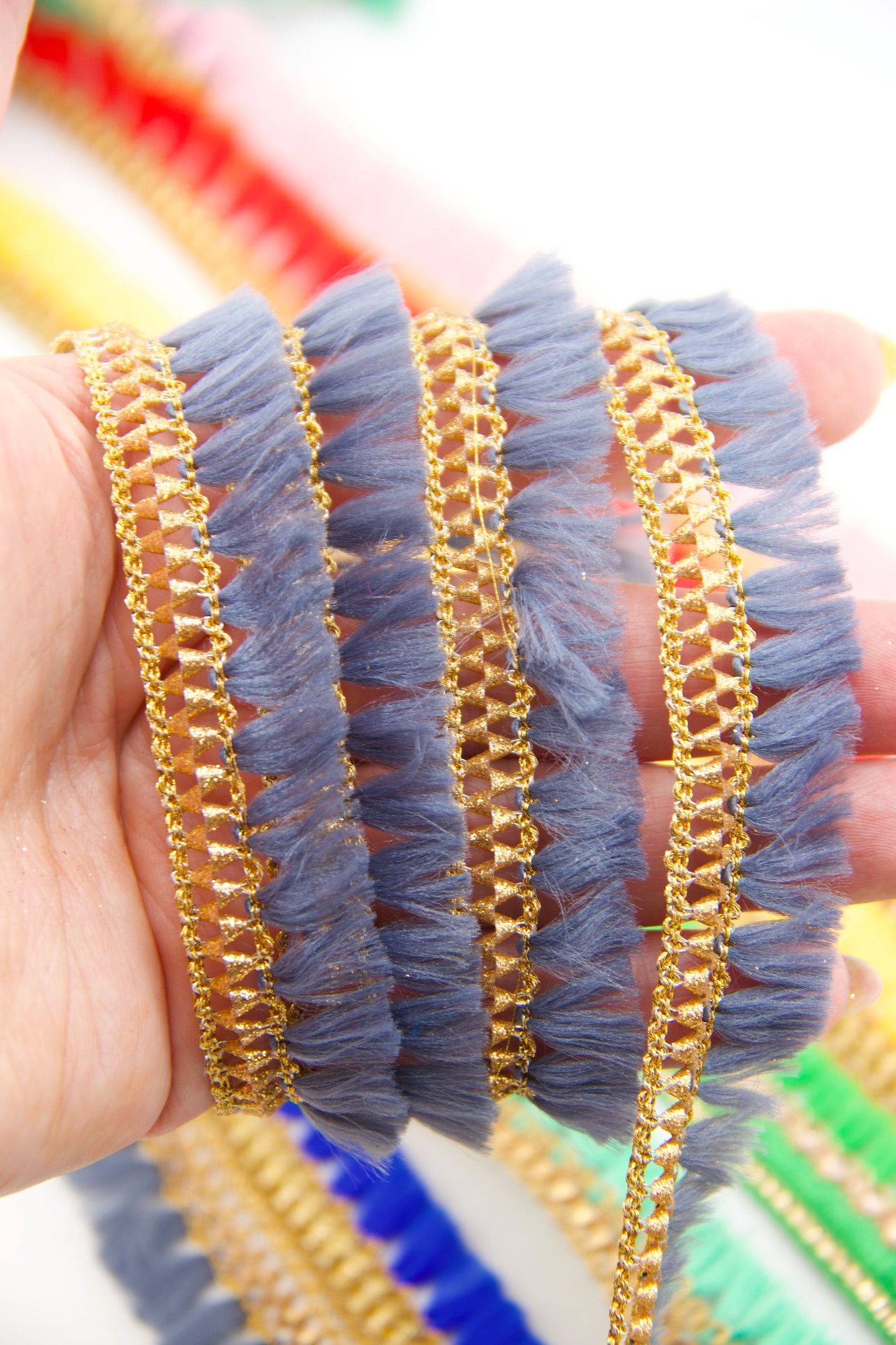 Blue Grey Skinny Indian Ribbon, Holiday Craft or Jewelry Supplies, Tassels and trim, all in one