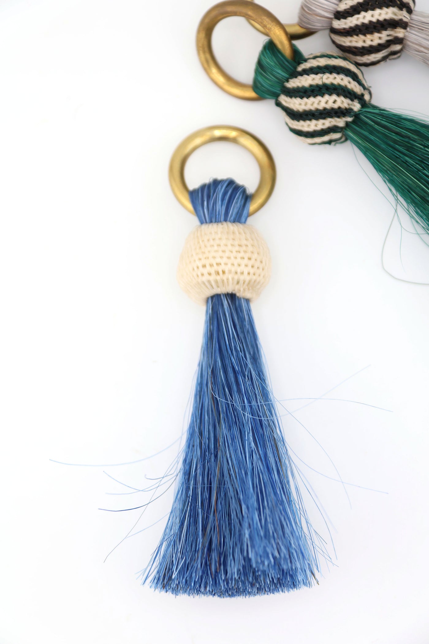 Blue Horse Hair & Brass Tassel Keychains: Handmade Boho Jewelry