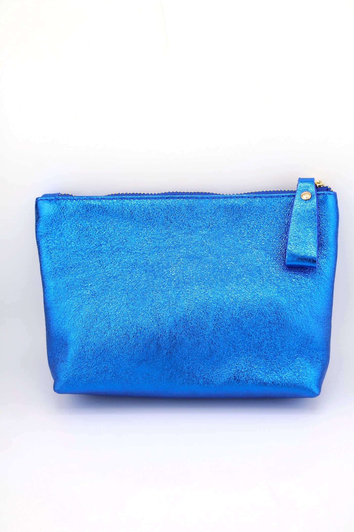 Blue Metallic Italian Leather Zipper Pouch, Purse, 8" Soft Real Leather Cosmetic Pouch