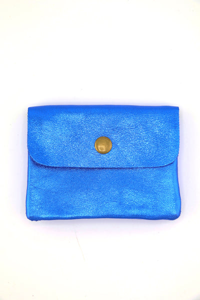 Blue Metallic Italian Leather Coin Purse, 3 Compartments, Zipper Pocket. Real Italian Leather 