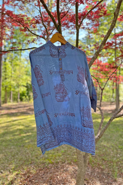 Blue Om Shirt: Laid Back Boho, Wanderlust Style, Rayon Block Printed Hippie Shirt from India