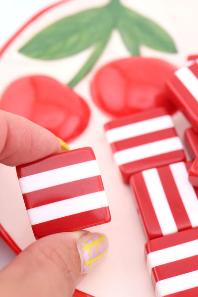 Beach Towel Stripe Red & White Italian Poly Resin Square Bead, 25mm, 1 Bead for making DIY Fisherman Aesthetic summer charm jewelry