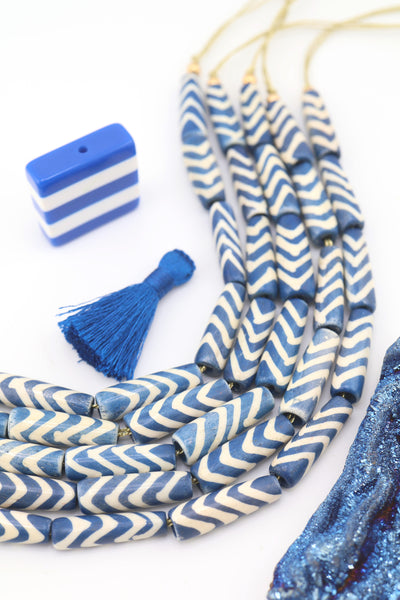 Blue & White Chevron Tube Bone Beads, 8 Fisherman Aesthetic beads