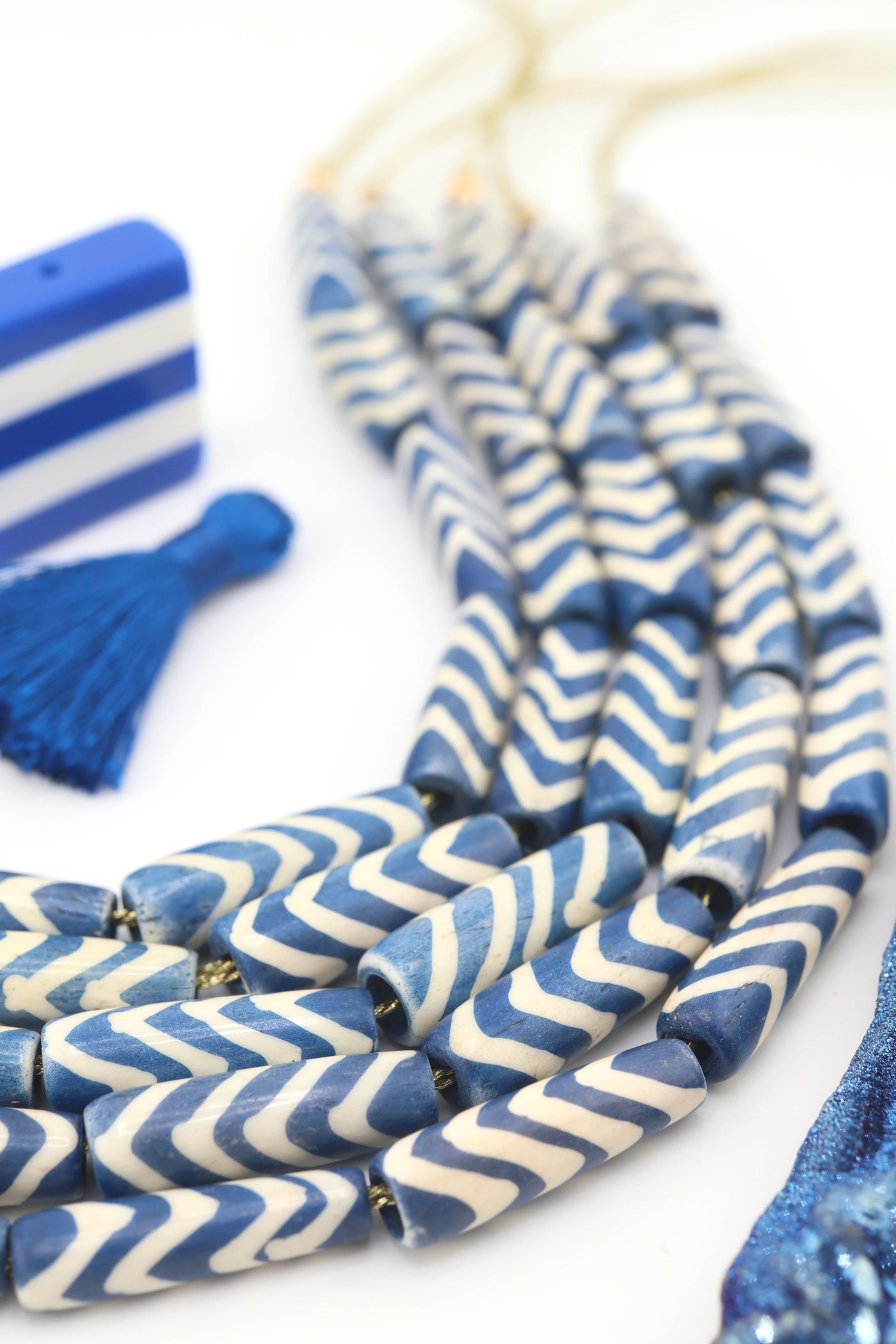 Blue & White Chevron Tube Bone Beads, 8 Fisherman Aesthetic beads