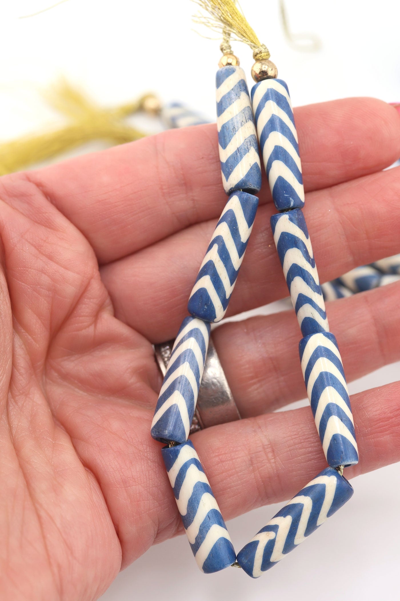 Blue & White Chevron Tube Bone Beads, 8 Fisherman Aesthetic beads