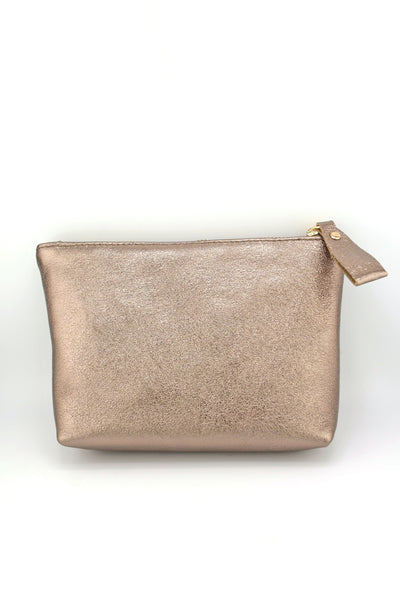 Bronze Metallic Italian Leather Zipper Pouch, Purse, 8" Soft Real Leather Cosmetic Pouch