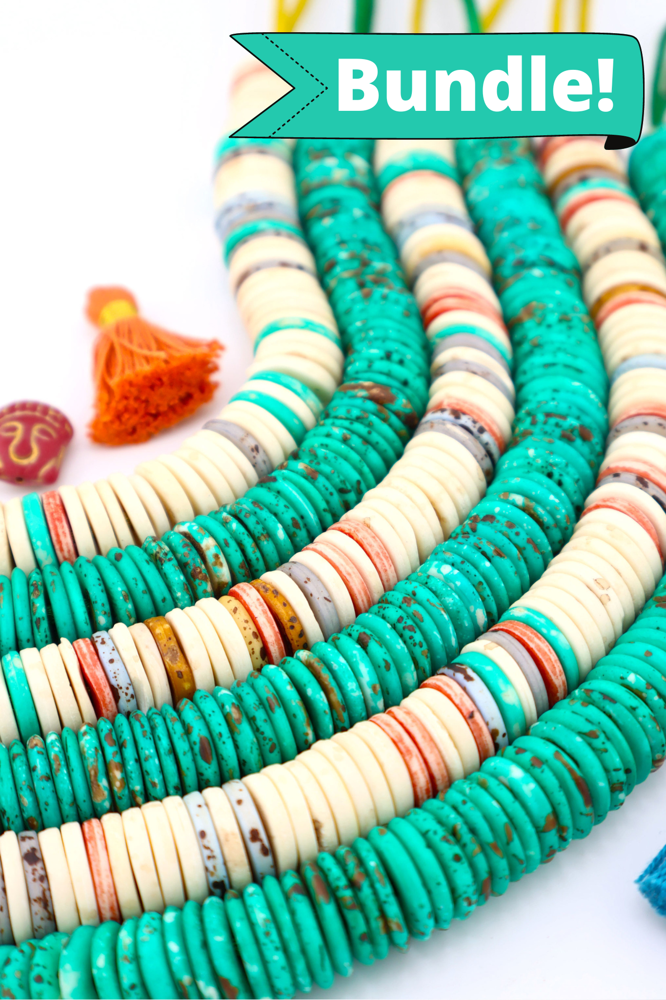 Exclusive Bead Bundle: 15mm Teal & Multi Color Heishi Disc Bone Beads, for beginner DIY jewelry