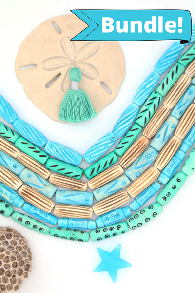 Bead Bundle: Turquoise, Teal, and Cream Handmade Tube Bone Beads, 56+ Beads for Beachy DIY Jewelry 