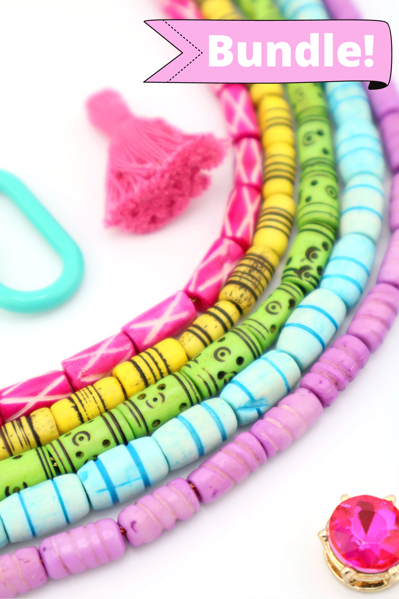 Cococabana Bead Bundle: Colorful Carved Bone Beads, Tube Shape, 6-8x12mm, 5 Strands, 80+ Beads