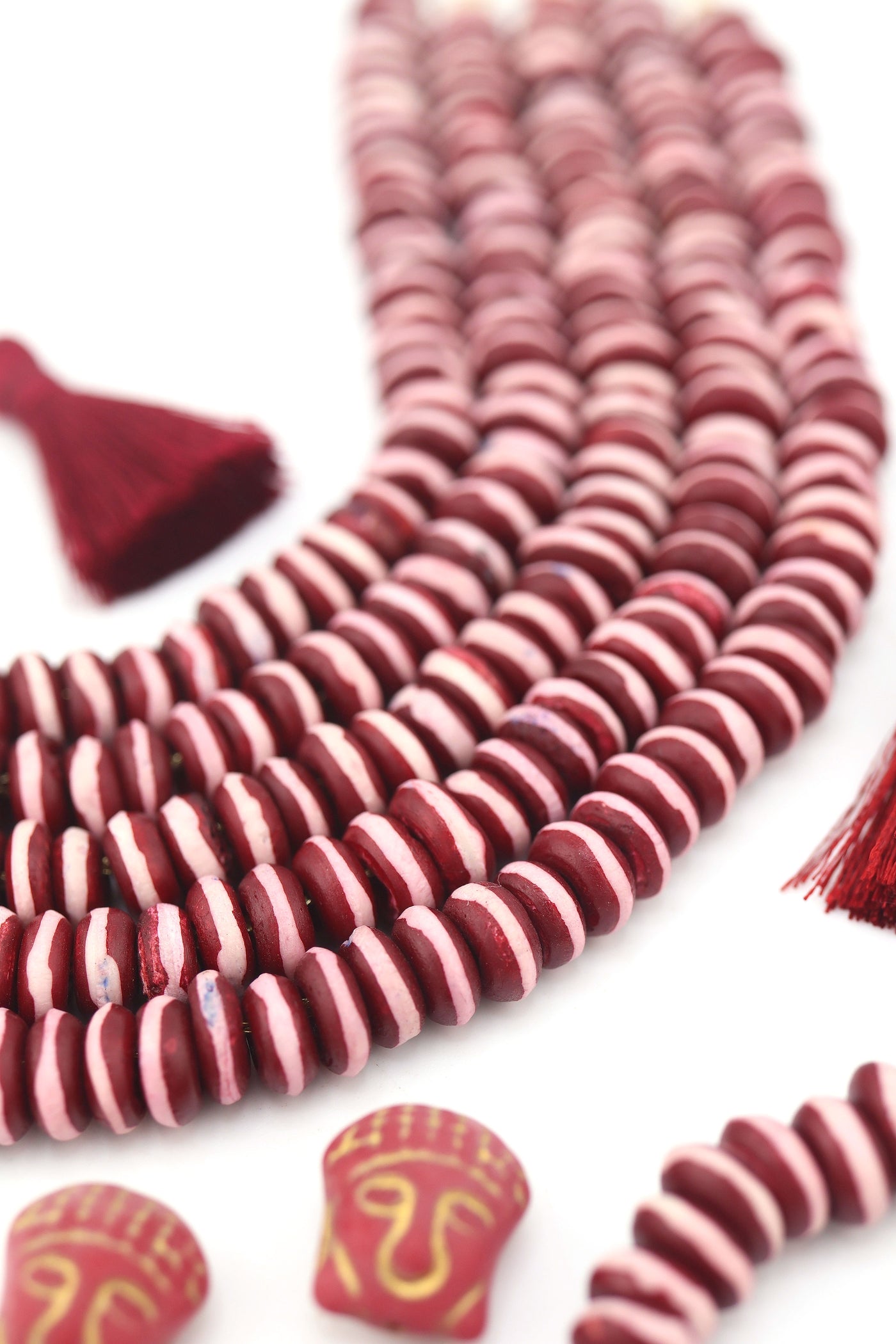 10mm Burgundy with White Stripe Bone Heishi Spacer Beads, 60 beads Ethically sourced, handmade, and on-trend for Fall jewelry designs—perfect for necklaces, 