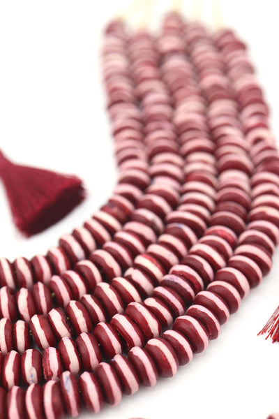 10mm Burgundy with White Stripe Bone Heishi Spacer Beads, 60 beads Ethically sourced, handmade, and on-trend for Fall jewelry designs—perfect for necklaces, 