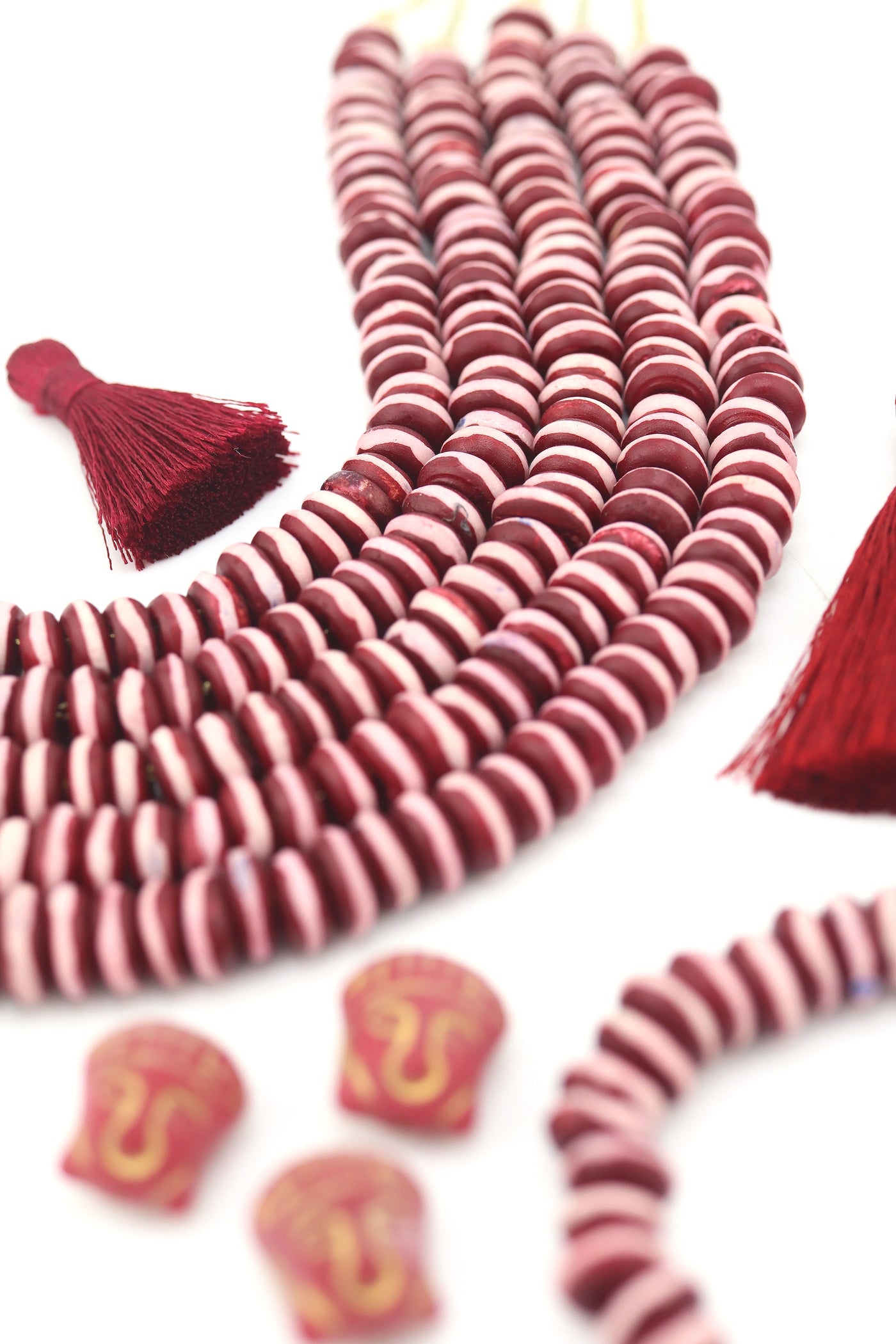 10mm Burgundy with White Stripe Bone Heishi Spacer Beads, 60 beads Ethically sourced, handmade, and on-trend for Fall jewelry designs—perfect for necklaces, 