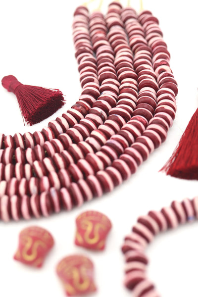 10mm Burgundy with White Stripe Bone Heishi Spacer Beads, 60 beads Ethically sourced, handmade, and on-trend for Fall jewelry designs—perfect for necklaces, 