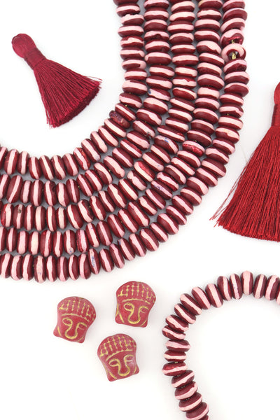 10mm Burgundy with White Stripe Bone Heishi Spacer Beads, 60 beads Ethically sourced, handmade, and on-trend for Fall jewelry designs—perfect for necklaces, 