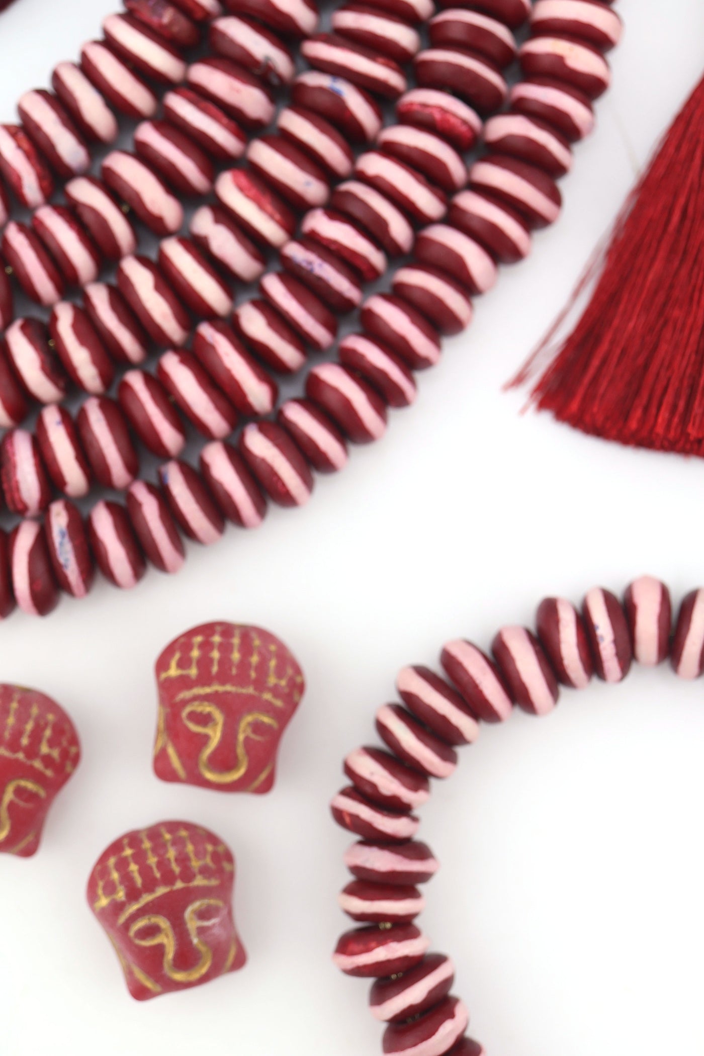 10mm Burgundy with White Stripe Bone Heishi Spacer Beads, 60 beads Ethically sourced, handmade, and on-trend for Fall jewelry designs—perfect for necklaces, 