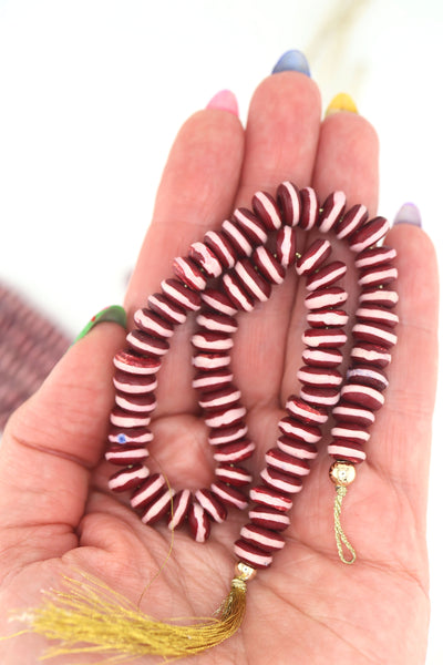 10mm Burgundy with White Stripe Bone Heishi Spacer Beads, 60 beads Ethically sourced, handmade, and on-trend for Fall jewelry designs—perfect for necklaces, 