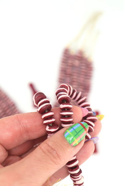 10mm Burgundy with White Stripe Bone Heishi Spacer Beads, 60 beads Ethically sourced, handmade, and on-trend for Fall jewelry designs—perfect for necklaces, 