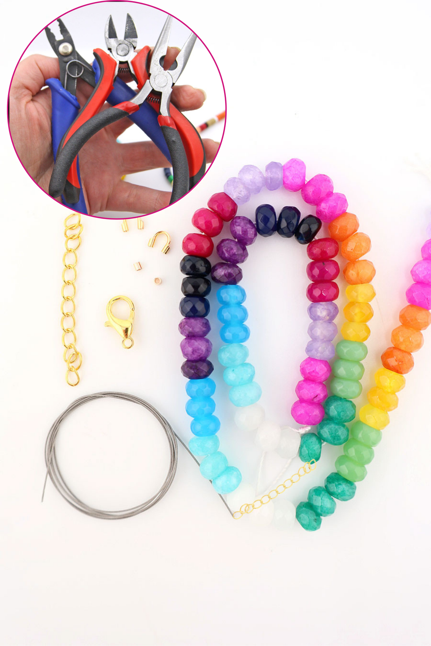 Rainbow Necklace DIY Kit: Jade Beads, Clasp, Wire, Wire Guardians
