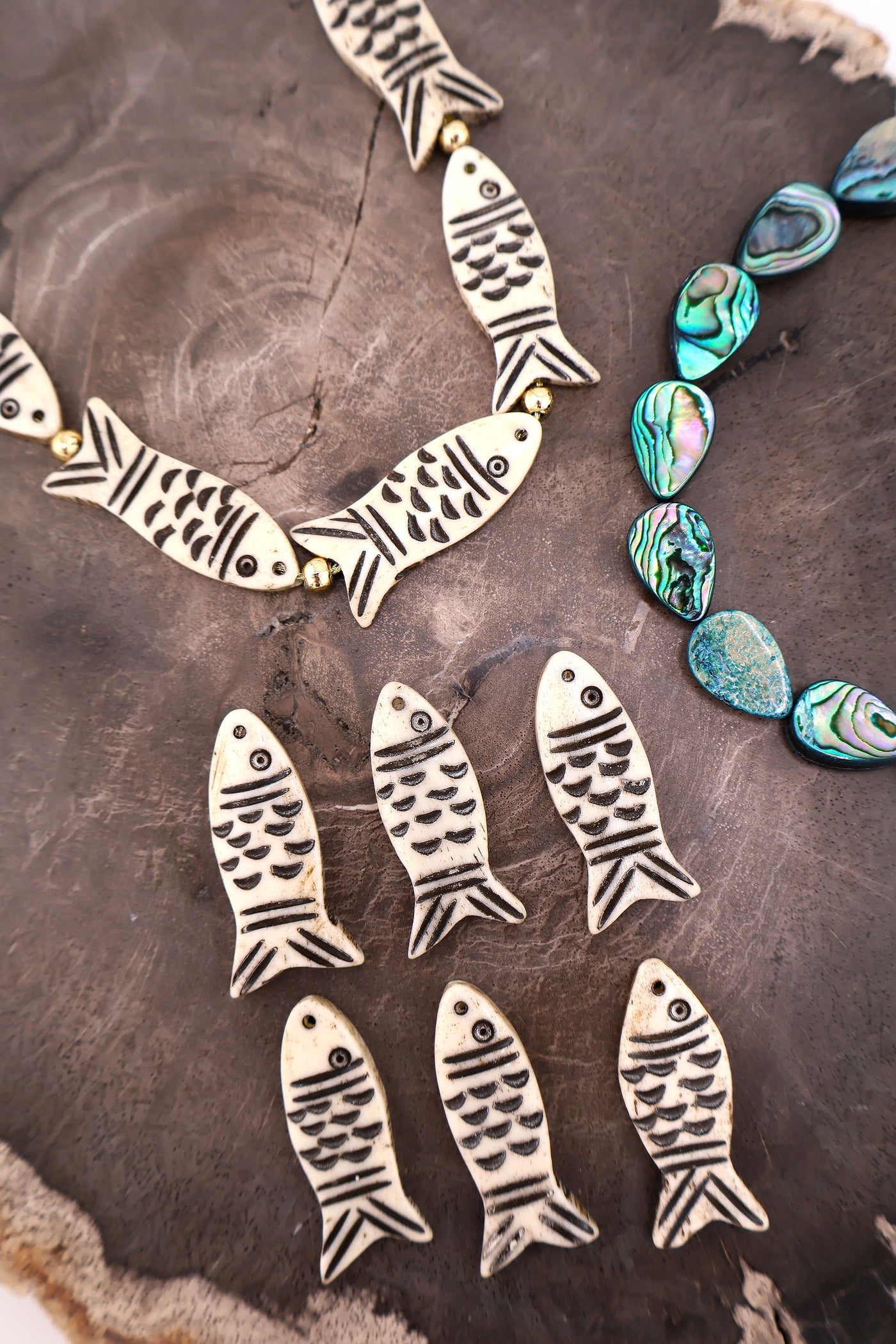 Black & White Fish Pendants: Hand Carved Bone Focal Beads, 15x34mm, 6 pcs.