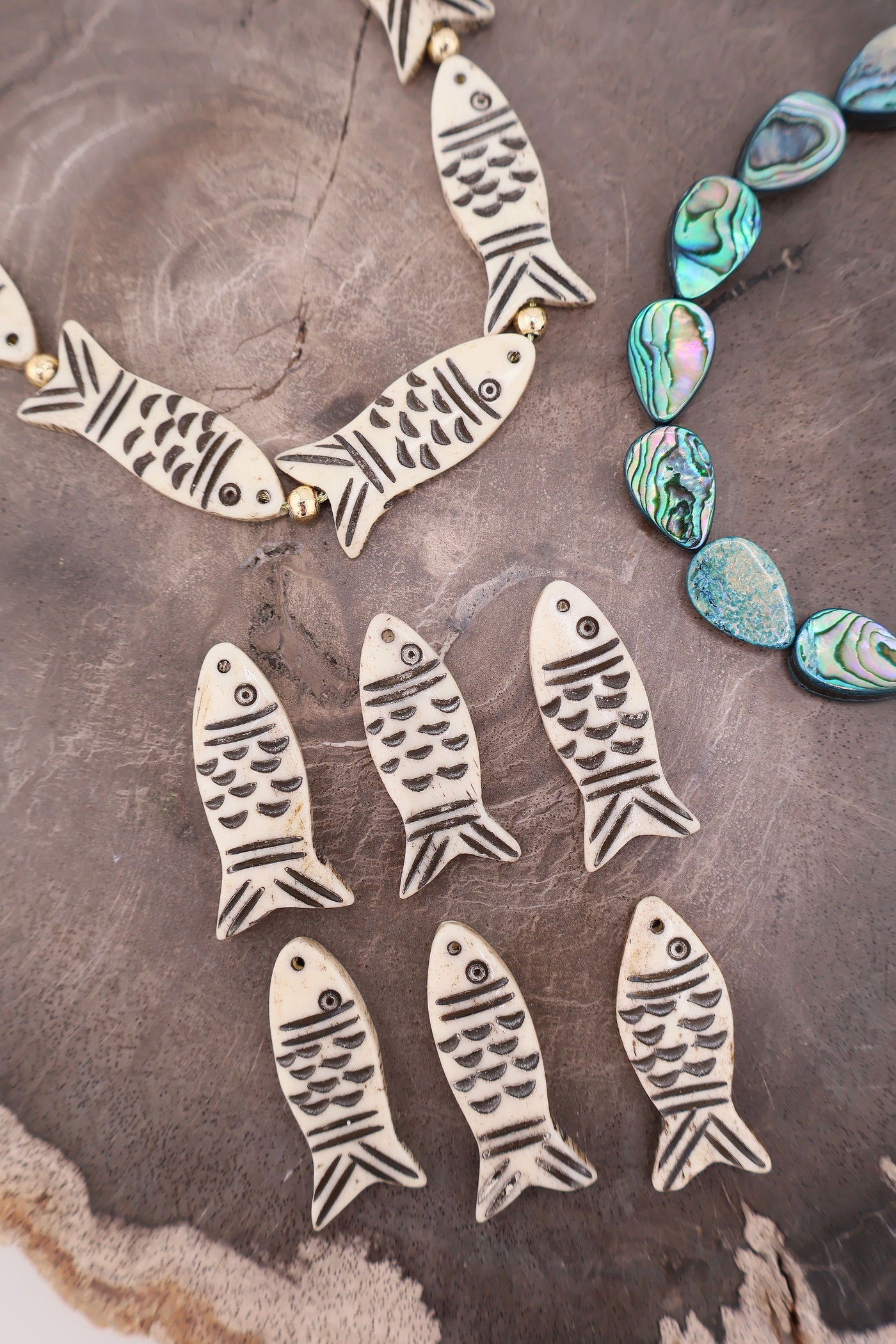 Black & White Fish Pendants: Hand Carved Bone Focal Beads, 15x34mm, 6 pcs.