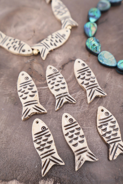 Black & White Fish Pendants: Hand Carved Bone Focal Beads, 15x34mm, 6 pcs.