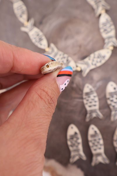 Black & White Fish Pendants: Hand Carved Bone Focal Beads, 15x34mm, 6 pcs.