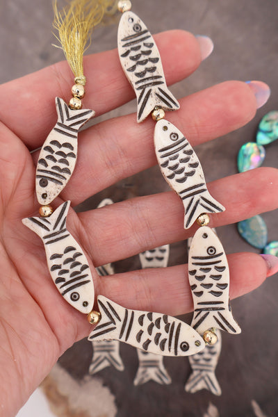 Black & White Fish Pendants: Hand Carved Bone Focal Beads, 15x34mm, 6 pcs.