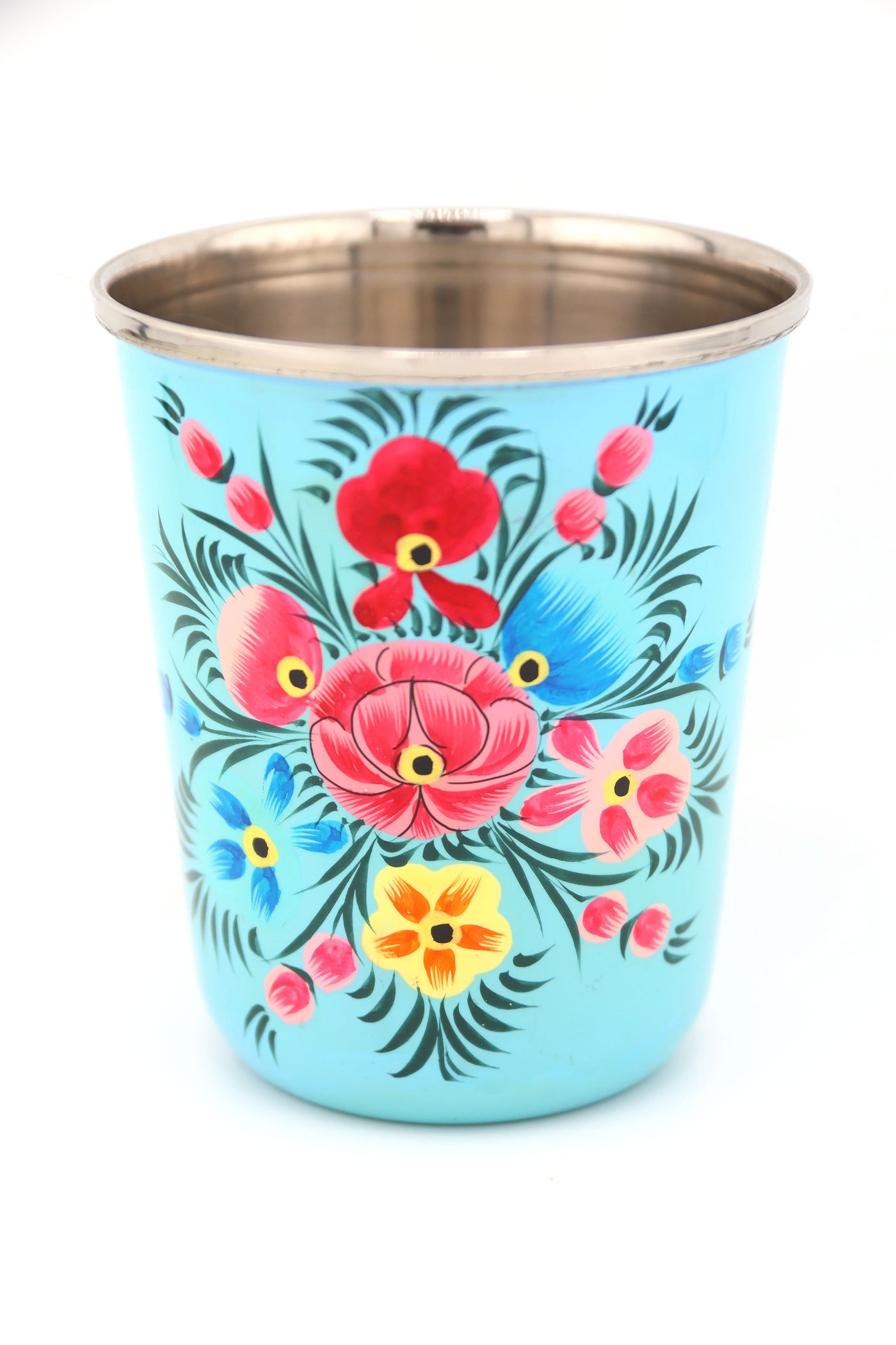 Sip in style with our picnic folk Small Enamel Tumbler, painted by hand by artisans in Kashmir