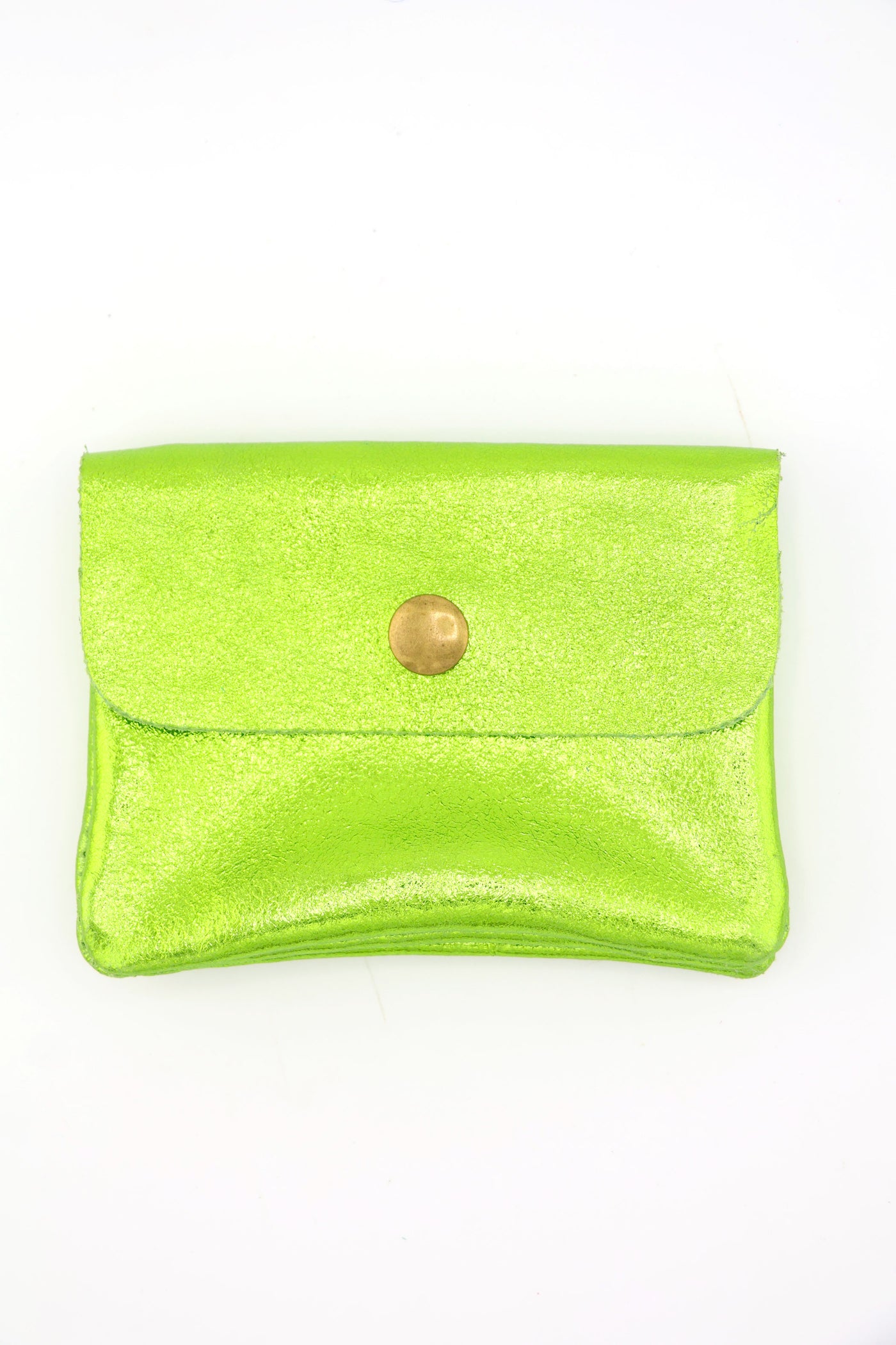 Chartreuse Metallic Italian Leather Coin Purse, 3 Compartments, Zipper Pocket. Real Italian Leather 