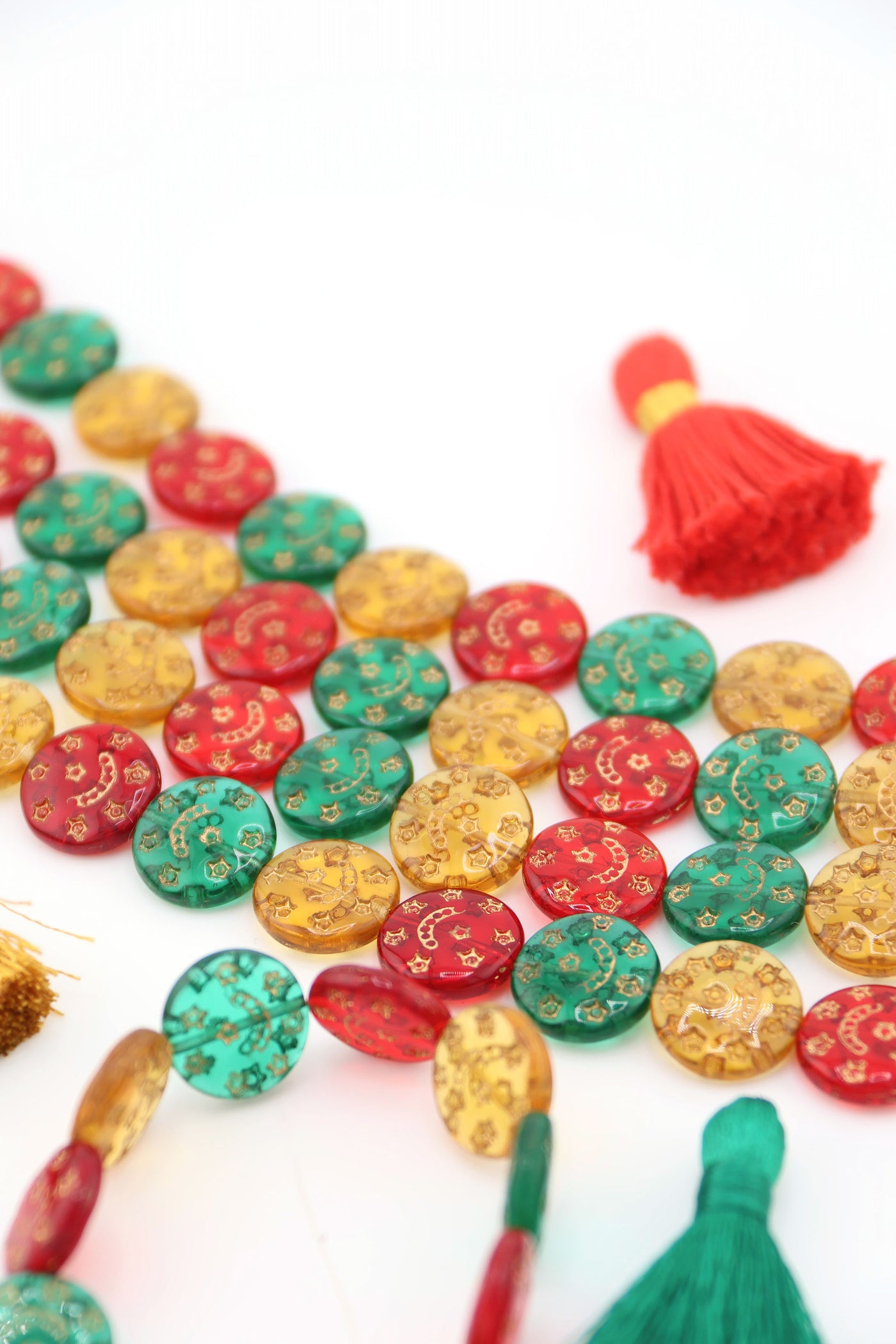 Red, Green, Gold Celestial Czech Glass Coin Beads, Gold Stars & Moons, 13mm