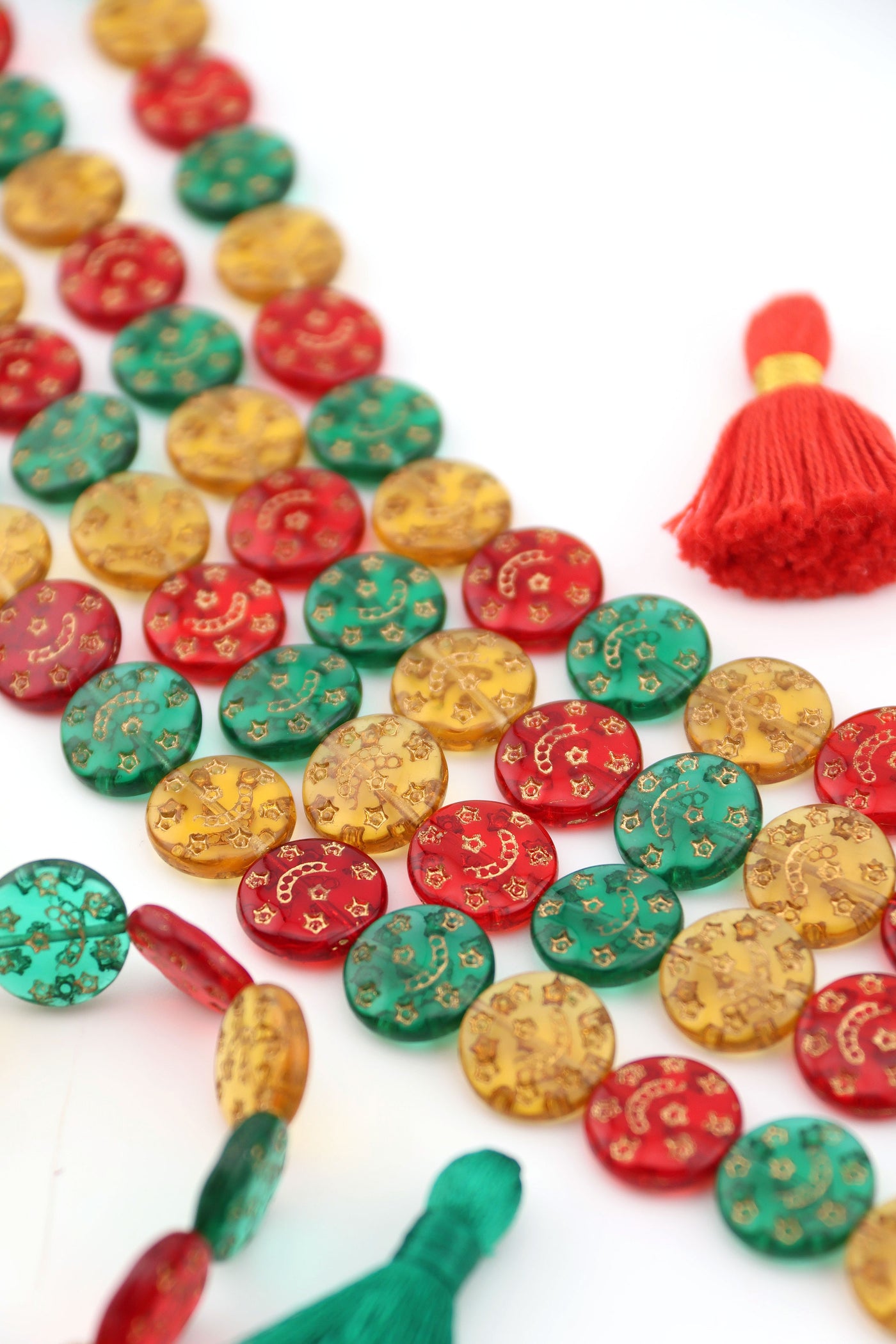 Red, Green, Gold Celestial Czech Glass Coin Beads, Gold Stars & Moons, 13mm