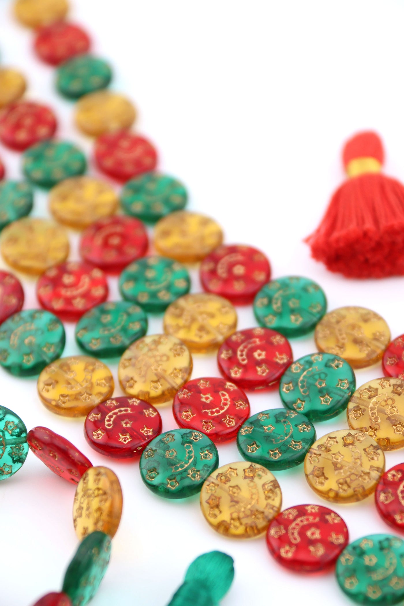 Red, Green, Gold Celestial Czech Glass Coin Beads, Gold Stars & Moons, 13mm