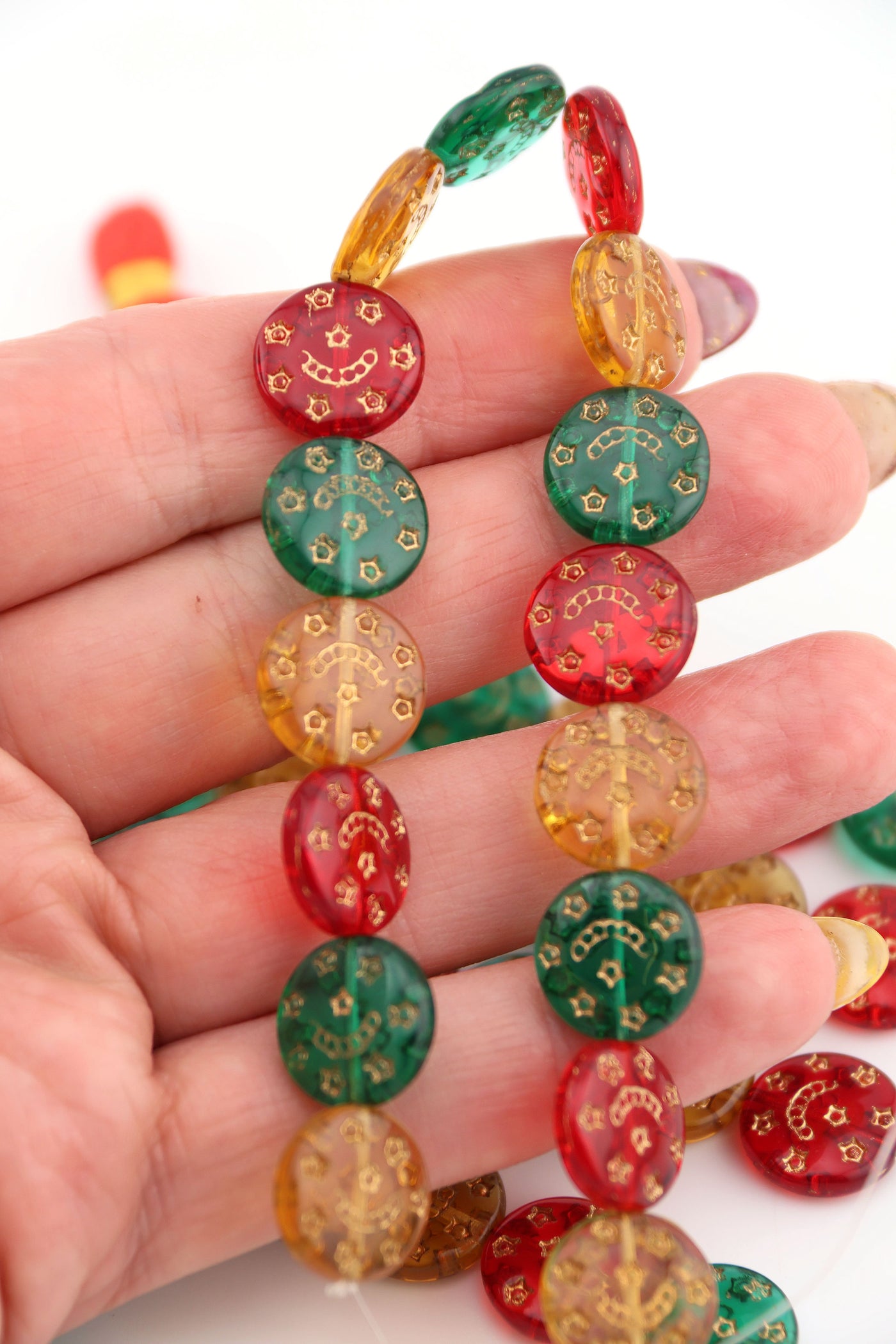 Red, Green, Gold Celestial Czech Glass Coin Beads, Gold Stars & Moons, 13mm