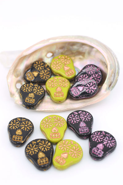 Sugar Skull Beads with Metallic Details, Czech Glass, 4 pieces, 20x16mm, Black with Metallic Pink 