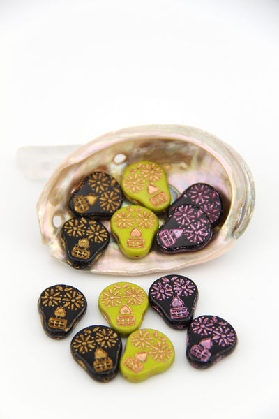 Sugar Skull Beads with Metallic Details, Czech Glass, 4 pieces, 20x16mm for Dia de los Muertos crafts