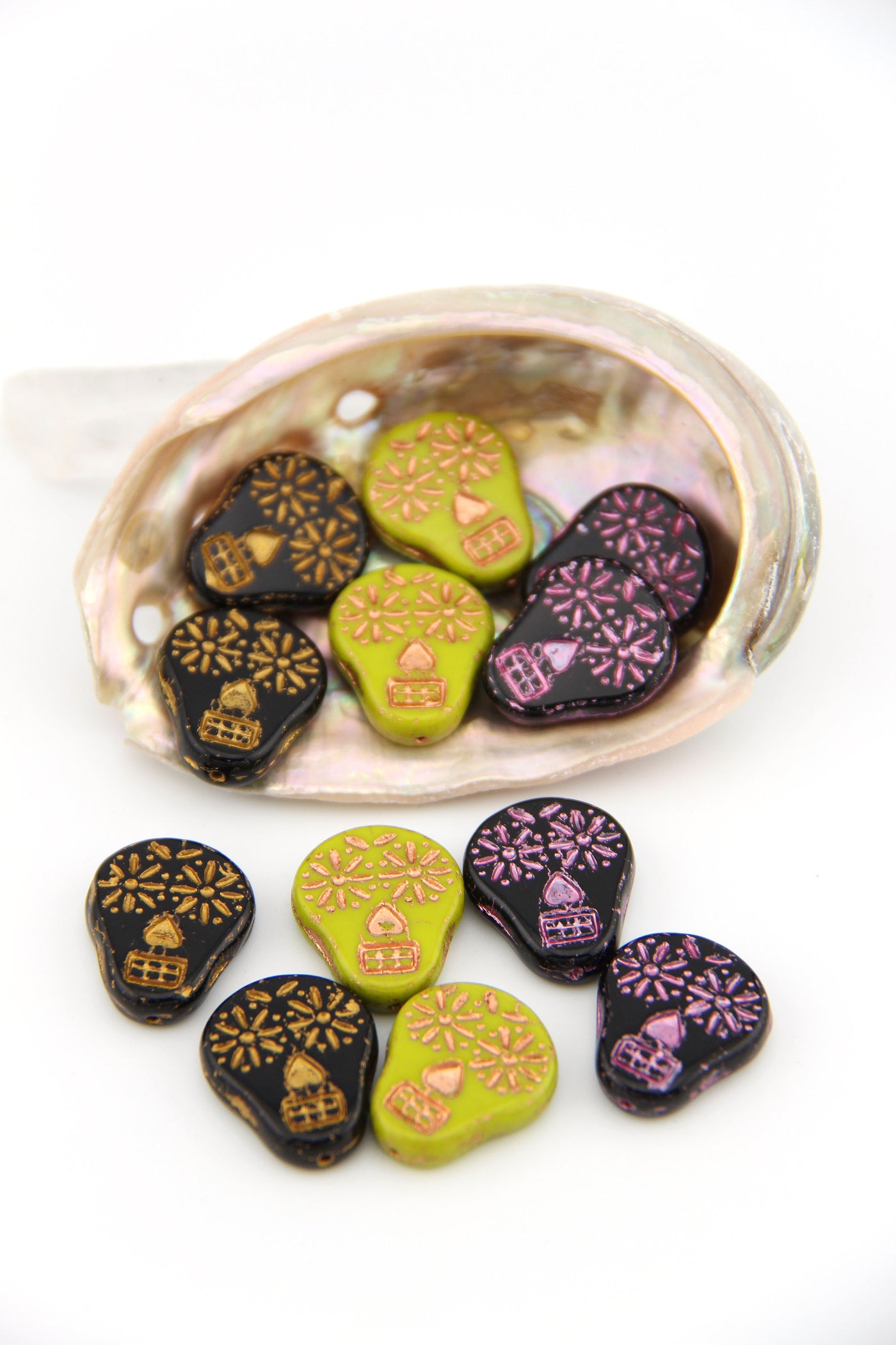 Sugar Skull Beads with Metallic Details, Czech Glass, 4 pieces, 20x16mm in Black with Gold, Avocado 