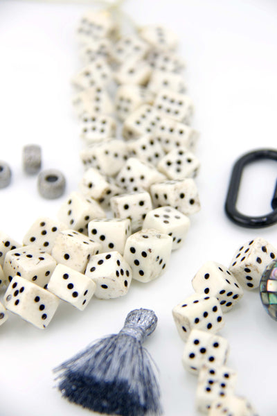 Black & White Dice Beads, Hand Carved Game Beads, 10-12mm, Handmade natural dice beads