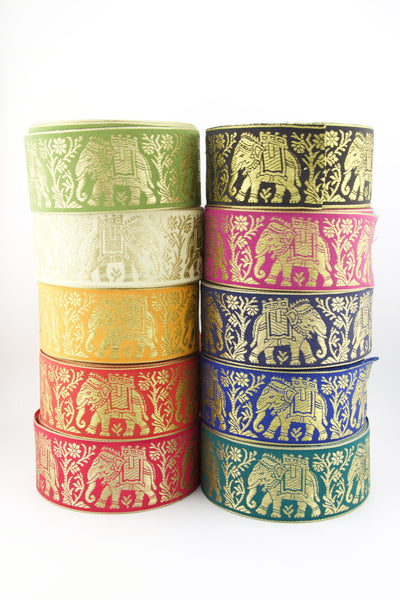 Assorted Colors and Gold Fancy Elephants Jacquard Trim, Ribbon, Sari Border 1 6/8" x 1 yard