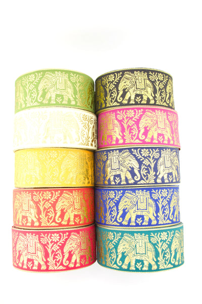 Assorted Colors and Gold Fancy Elephants Jacquard Trim, Ribbon, Sari Border 1 6/8" x 1 yard
