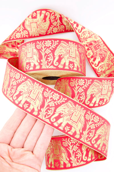 Pink and Gold Fancy Elephants Jacquard Trim, Ribbon, Sari Border 1 6/8" x 1 yard