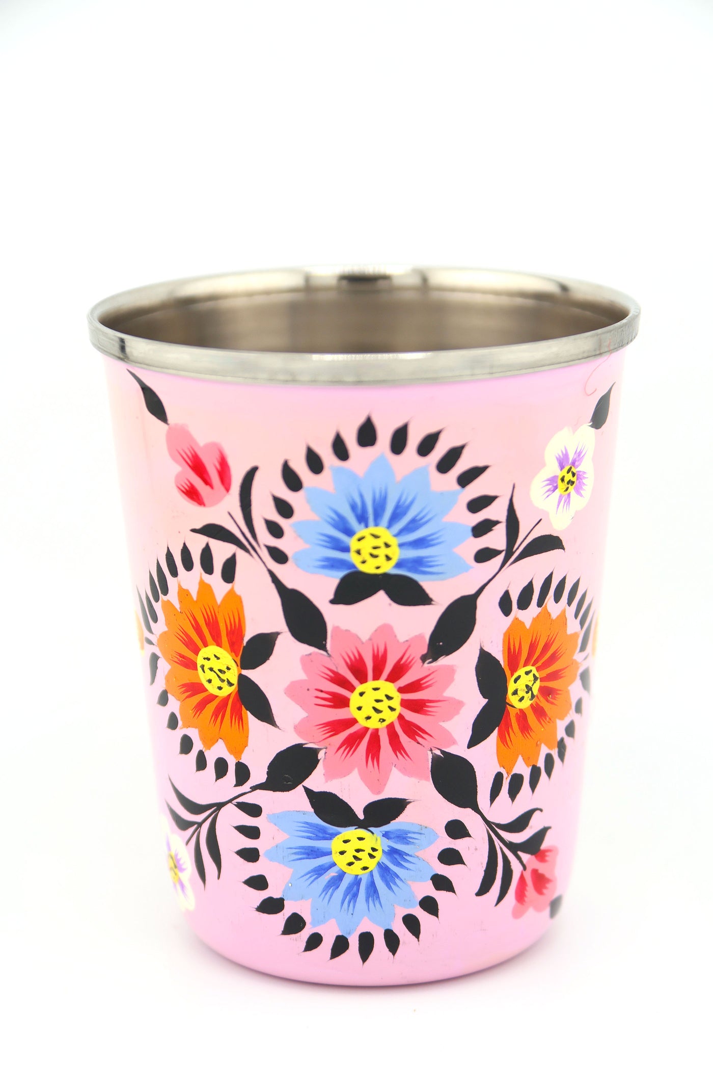 Sip in style with our picnic folk Small Enamel Tumbler, painted by hand by artisans in Kashmir