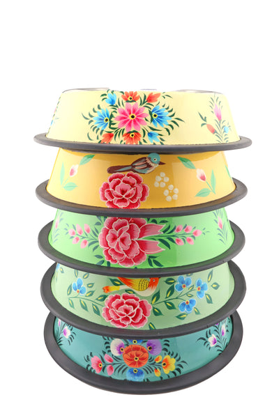 Floral Handpainted Enamelware Stainless Steel Pet Water Bowl