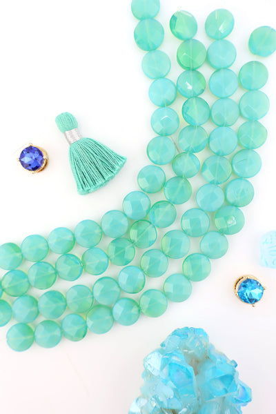 Aqua Turquoise Aurora Opalite Faceted Glass Coin Beads, 12mm