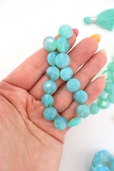 Aqua Turquoise Aurora Opalite Faceted Glass Coin Beads, 12mm