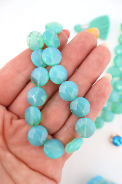 Aqua Turquoise Aurora Opalite Faceted Glass Coin Beads, 12mm