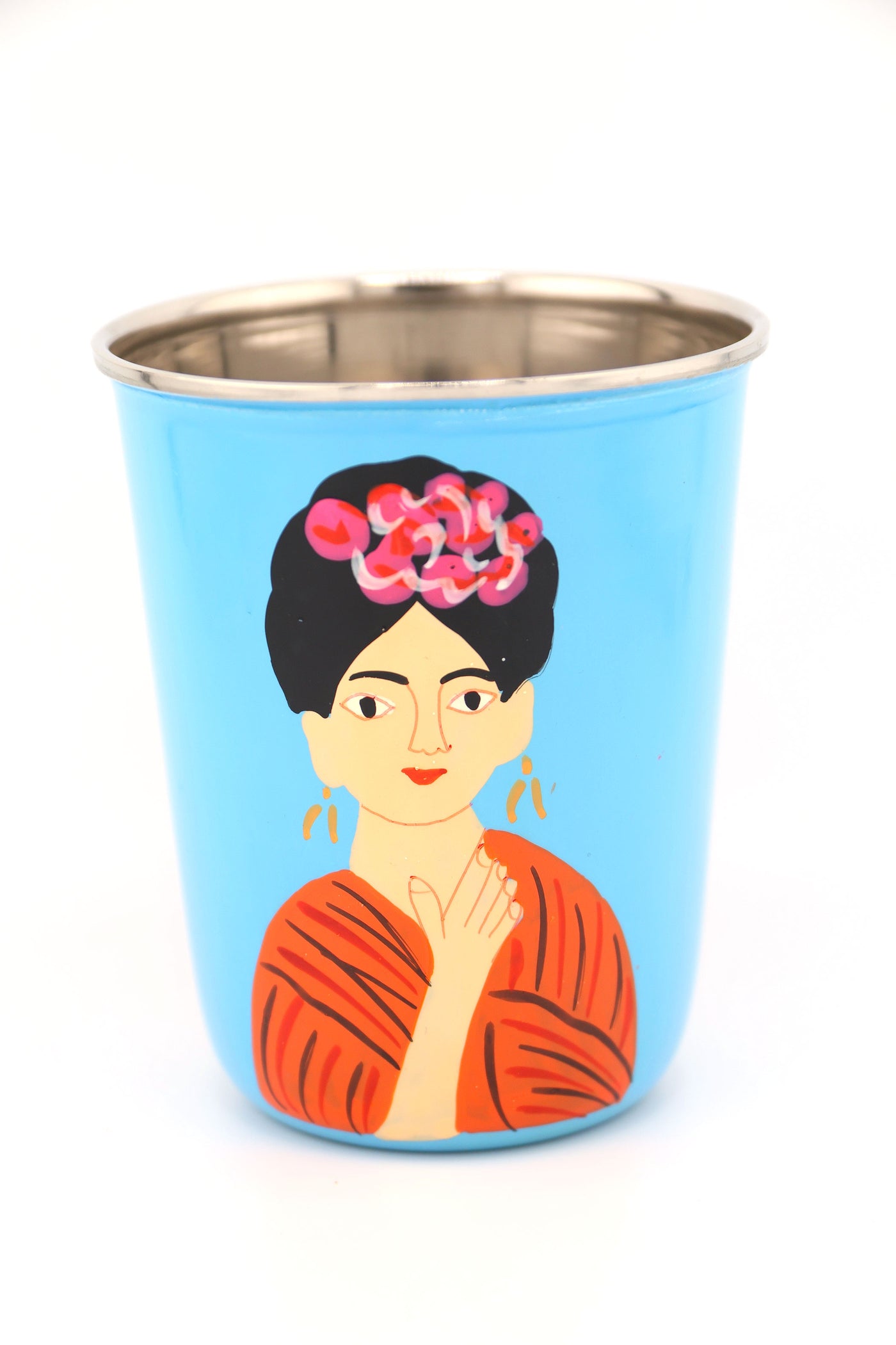 Sip in style with our picnic folk Small Enamel Tumbler, painted by hand by artisans in Kashmir