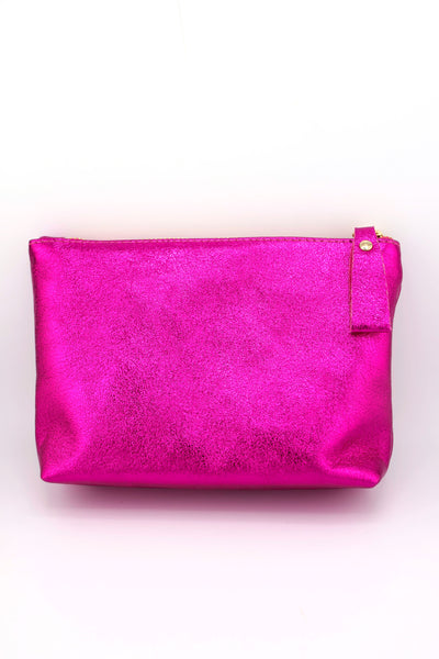 Fuchsia Metallic Italian Leather Zipper Pouch, Purse, 8" Soft Real Leather Cosmetic Pouch