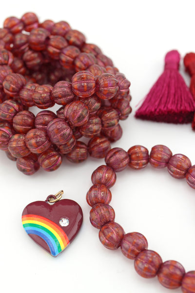 Ruby Pink Czech Glass Melon Beads, 8mm, with Golden Luster