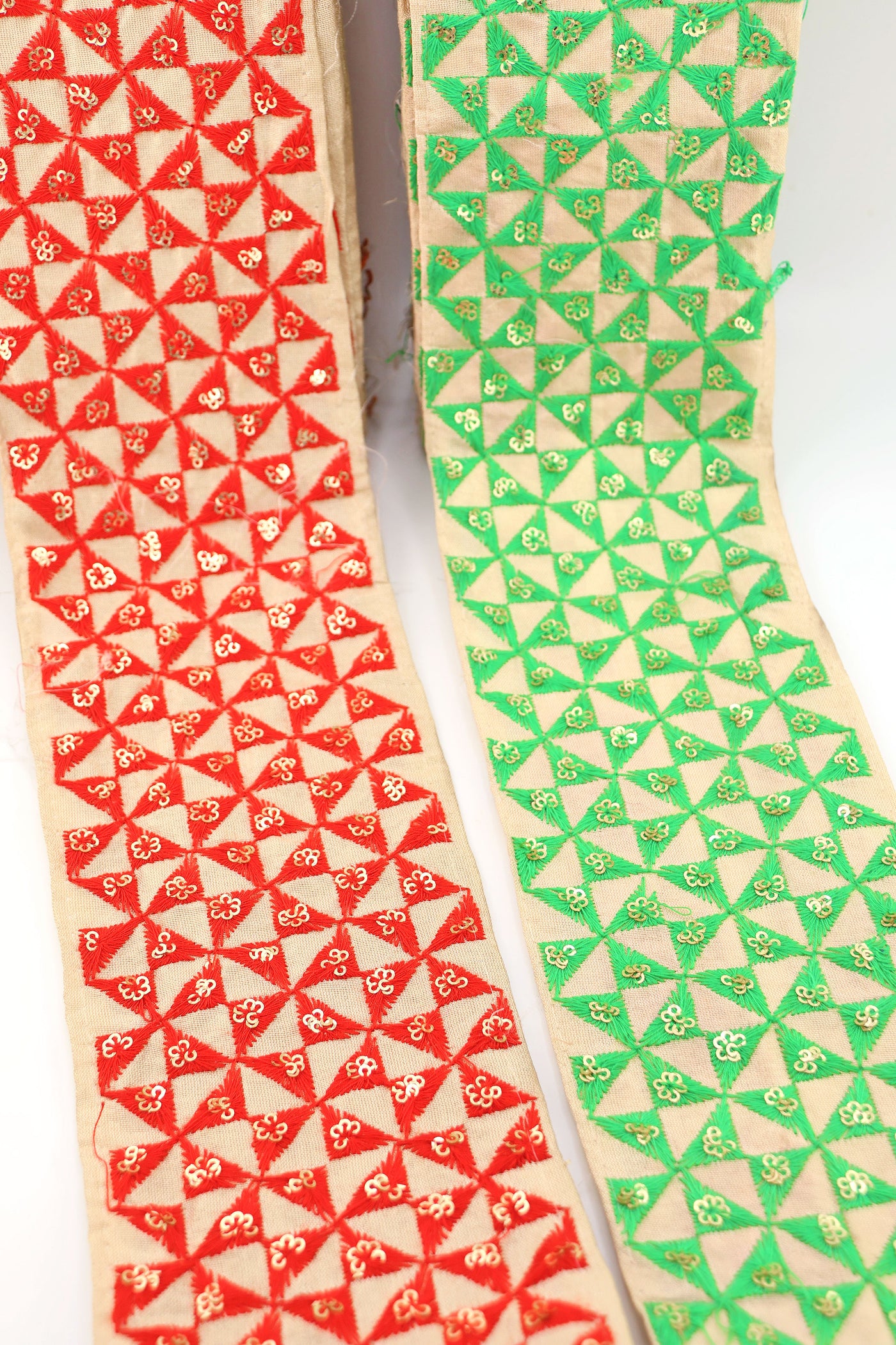 Red, Green Geometric Embroidered Silk Trim, Christmas Ribbon, from India, Christmas Decorating & DIY