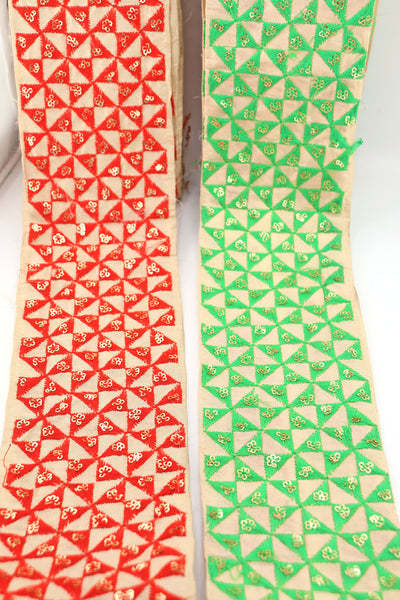 Red, Green Geometric Embroidered Silk Trim, Christmas Ribbon, from India, Christmas Decorating & DIY